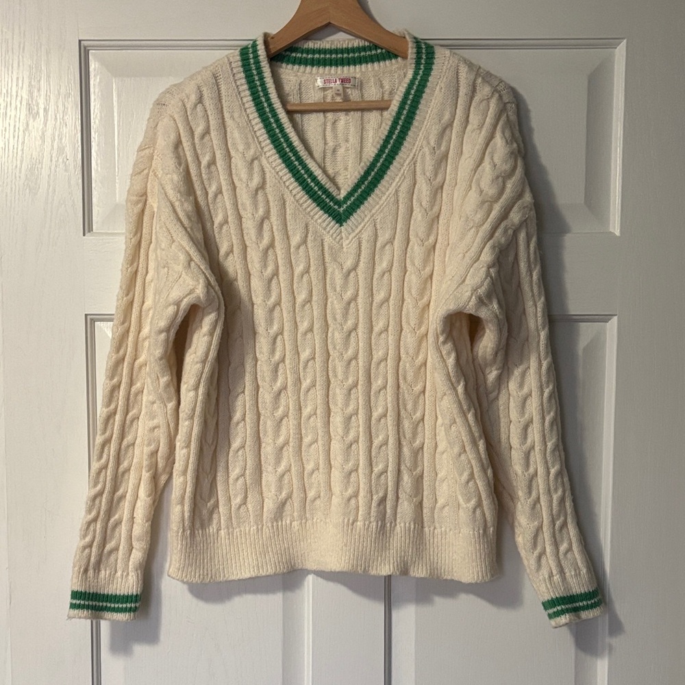 STELLA TWEED Cable-Knit V-Neck Cricket Sweater with Green Stripe Trim